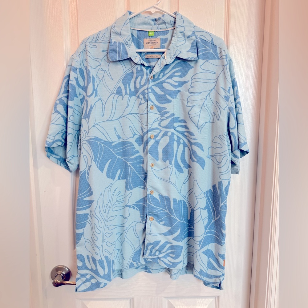Men’s Quicksilver Waterman Hawaiian Shirt Button Down XL Blue